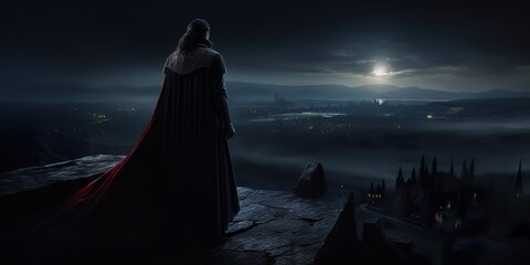 Dracula with a dramatic cape flowing, standing on a castle battlement under starry night - obrazy, fototapety, plakaty