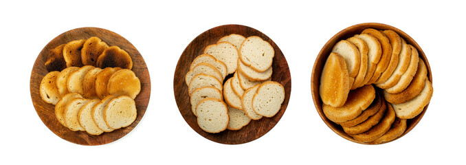 Dry Round Crackers Isolated, Sliced French Baguette Bread, Crunchy Croutons, Bruschetta Crackers, Round Rusks