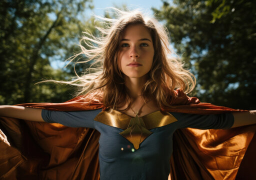 A young girl in a superhero costume, generative AI