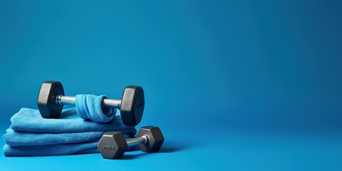 Dynamic workout scene with dumbbells, resistance bands, and a fitness towel, on a vibrant blue background, including copy space
