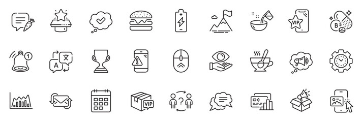 Fototapeta na wymiar Icons pack as Translate, Chat bubble and Warning message line icons for app include Cooking water, Reminder, Tea cup outline thin icon web set. Swipe up, Calendar, Time management pictogram. Vector