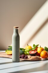 Fitness and health concept showing a yoga mat, water bottle, and healthy foods on a light background