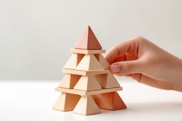 Little kid playing wooden toys isolated on white background.