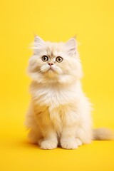 Naklejka na ściany i meble Fluffy cat character sitting adorably, on a bright yellow studio background