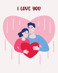 Greeting card with Couple in love with big red heart. I love you. 