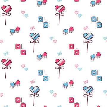 Seamless pattern with hearts, sweets and lollipops. 