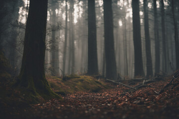 Obraz premium A view of the forest full of trees and an eerie atmosphere in the evening