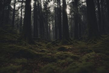 Obraz premium A view of the forest full of trees and an eerie atmosphere in the evening