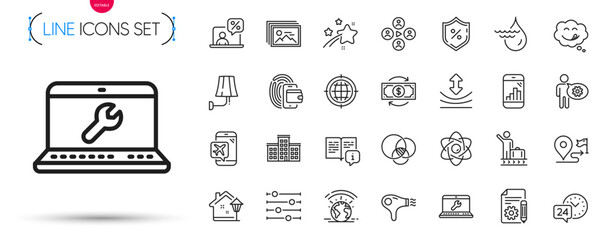 Pack of Hydroelectricity, Flight mode and Laptop repair line icons. Include 24h service, Cogwheel, Wallet pictogram icons. Company, Documentation, Journey signs. Wall lamp, Manual. Vector