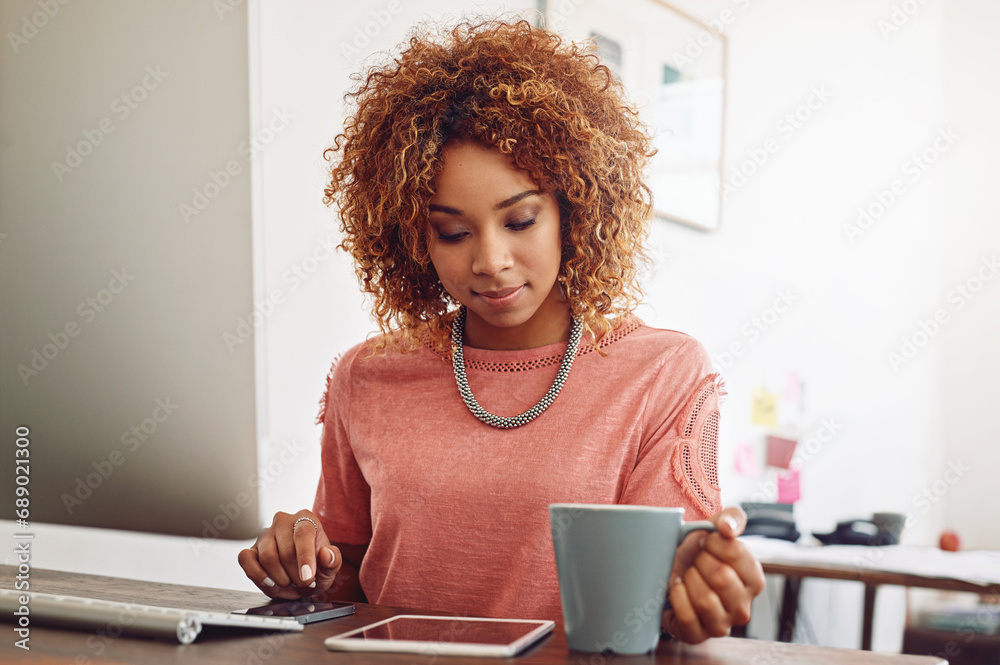 Poster office, coffee or designer with tablet for research, technology or analysis online on website at des