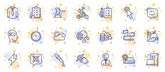 Outline set of Juice, Device and Time line icons for web app. Include Touchscreen gesture, Delivery bike, Travel path pictogram icons. Fingerprint, Money loss, Chemistry pipette signs. Vector