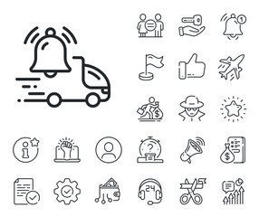 Alarm bell reminder sign. Salaryman, gender equality and alert bell outline icons. Delivery notification line icon. Truck alert symbol. Delivery notification line sign. Vector