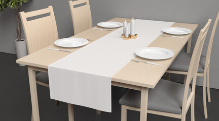 Fototapeta na wymiar Blank white table runner and dishes mockup crop, interior background