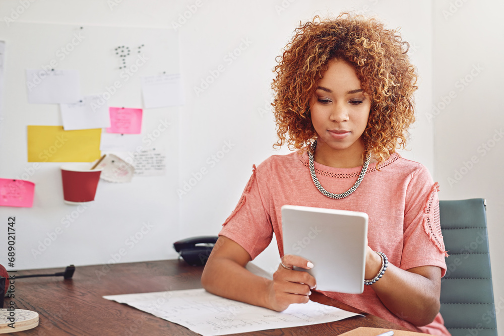 Poster internet, communication or designer with tablet for research, technology or analysis online on websi