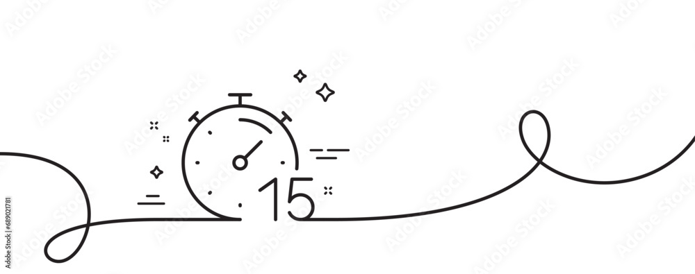 Poster timer 15 minutes line icon. continuous one line with curl. stopwatch time sign. countdown clock symb