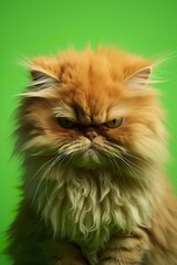 Fototapeta premium Playful fluffy cat character with a mischievous smirk, on a bright green studio background