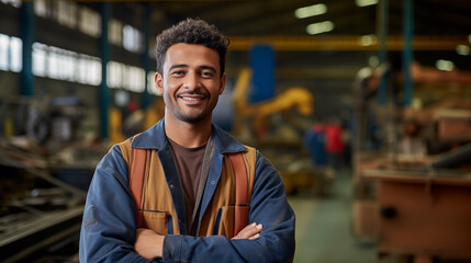 Handsome young African logistic worker smiling, looking at the camera in a warehouse