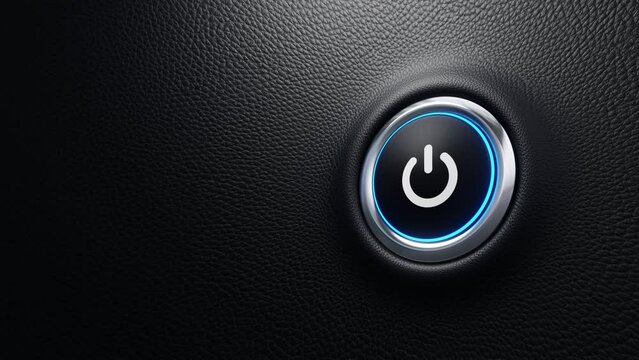 Push power button. Start, off and on concept. Modern car button with power sign and blue light. 4k 3d loop animation
