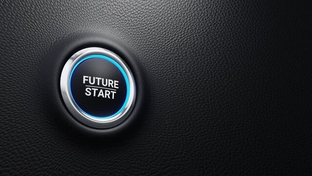 Future start push button. New startup, start a business, change or strategic vision concept. Modern car button with blue shine. 4k 3d loop animation