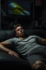 Portrait of a person asleep on a couch with a workout video playing on TV, highlighting the challenge of staying active, including copy space