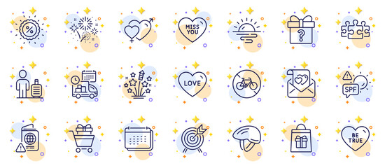 Outline set of Baggage, Miss you and Delivery line icons for web app. Include Spf protection, Secret gift, Bicycle helmet pictogram icons. Archery, Shopping trolley, Love letter signs. Vector - obrazy, fototapety, plakaty