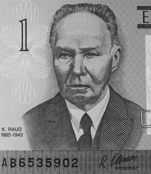 Imagen en blanco y negro de la parte central de un billete del Banco de Estonia, Kristjan Raud
pintor estonio.