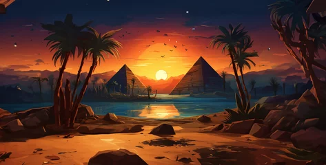 Fotobehang sunset at the beach, ancient Egypt landscape game background night scene magica © Your_Demon