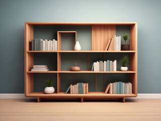 Bookshelf mockup with gradient background. colorful modern wooden shelf with book illustration. 
