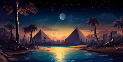 ancient Egypt landscape game background night scene magica - obrazy, fototapety, plakaty