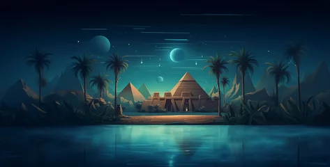 Fototapeten landscape with moon,ancient Egypt landscape game background night scene magica © Your_Demon