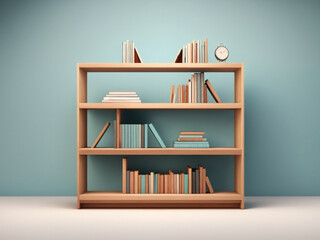 Fototapeta na wymiar Bookshelf mockup with gradient background. colorful modern wooden shelf with book illustration. 