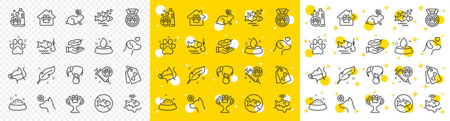 Outline Fishing, Fish school and Pet tags line icons pack for web with Dog leash, Stop fishing, Veterinary clinic line icon. Feather, Dog feeding, Pet friendly pictogram icon. Pets care. Vector