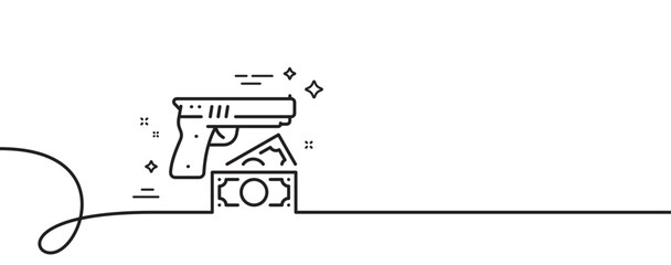 Robbery line icon. Continuous one line with curl. Money fraud crime sign. Thief with gun steal cash symbol. Robbery single outline ribbon. Loop curve pattern. Vector - obrazy, fototapety, plakaty