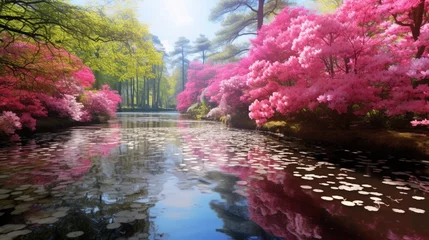 Fototapeten A tranquil pond surrounded by vibrant azaleas in full bloom, their colorful blossoms mirrored in the still waters. © Zabi 
