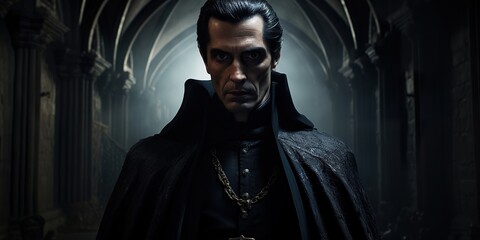 Portrait of Dracula with a menacing gaze, emerging from the shadows in a Gothic castle - obrazy, fototapety, plakaty