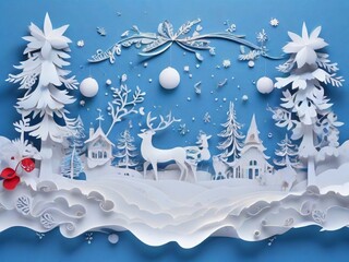 Winter christmas composition in paper cut style.Merry Christmas