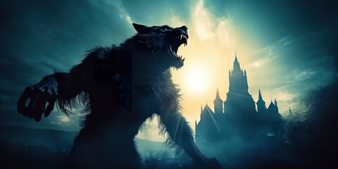 Silhouette of a werewolf roaring with an ancient castle in the background, under moonlight - obrazy, fototapety, plakaty