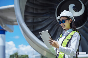 Woman engineer in white hardhat standing and holding tablet working aircraft maintenance mechanics...