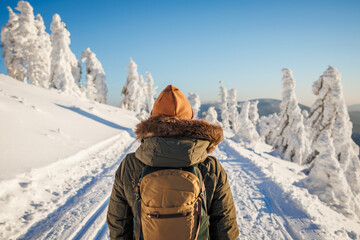 Fototapeta na wymiar Woman with backpack hiking in winter mountains. Hiker walk in snow in nature