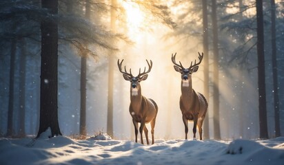 Two deer in the winter forest with sunrise morning background