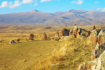 Prehistoric Archaeological Site of Carahunge or Armenian Stonehenge in Syunik Province of Armenia, Considered One of the World's Oldest Astronomical Observatory - obrazy, fototapety, plakaty