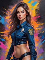 Obraz na płótnie Canvas Painting of beautiful girl in police uniform, sexy mannequin, paint splash art. ai generative