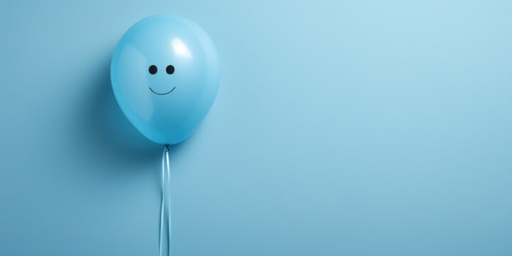 Not sad blue balloon with smiling emoji, on a blue background, blue monday, copy space, banner
