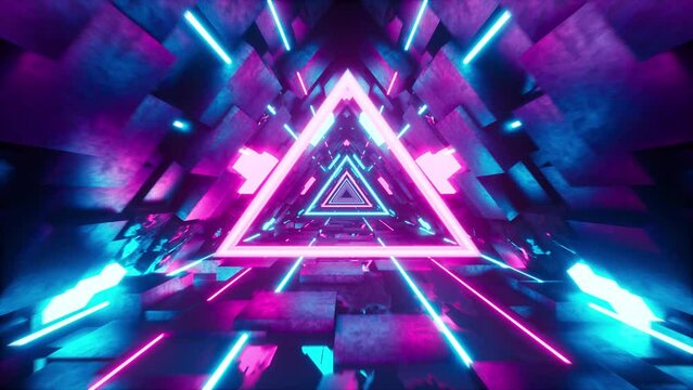 Zapętlona animacja tunelu z tr&oacute;jkąt&oacute;w i neonowych sześcian&oacute;w. Piękna animacja pod tło do muzyki