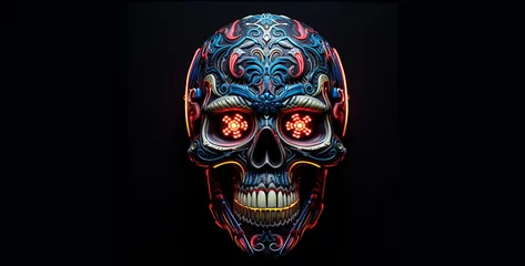 Runde Alu-Dibond Bilder Schädel skull of a skull, Skeleton neon skull leather made from leather techy