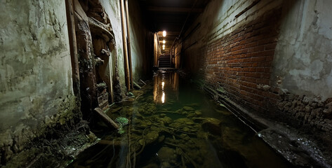 sewer old abandoned building, old asewer factory, stagnant water sewer, - obrazy, fototapety, plakaty