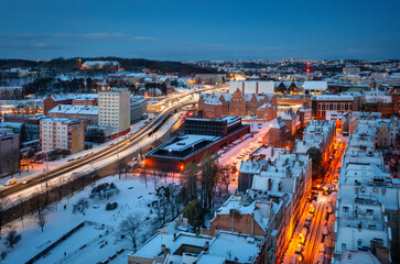 Aerial view of the beautiful main city in Gdansk at winter, Poland - obrazy, fototapety, plakaty