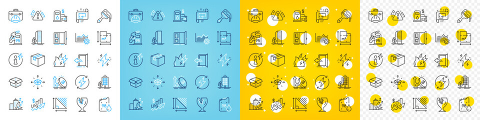 Vector icons set of Construction toolbox, Filling station and Rise price line icons pack for web with Power, Excise duty, Petrol station outline icon. Floor plan, Entrance. Vector