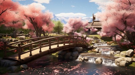 A charming wooden bridge spanning a babbling brook, framed by cherry blossoms and vibrant spring foliage.