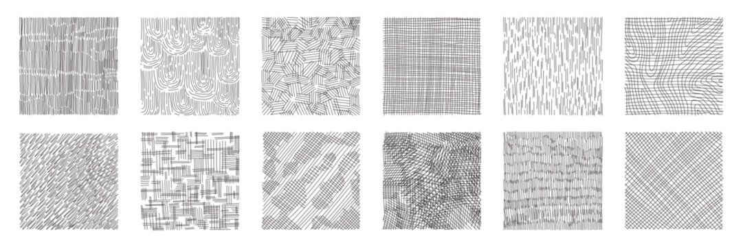 Hand drawn hatching line texture set. Crosshatch, wood, rain, stippling, circle doodle shape. Pencil draw vector illustration.	